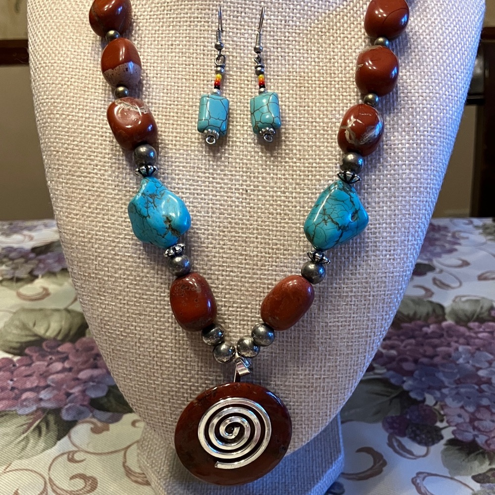 RED JASPER AND AUTHENTIC TURQUOISE SILVER ACCENTS WITH TURQ EARRINGS - Picture 7 of 13